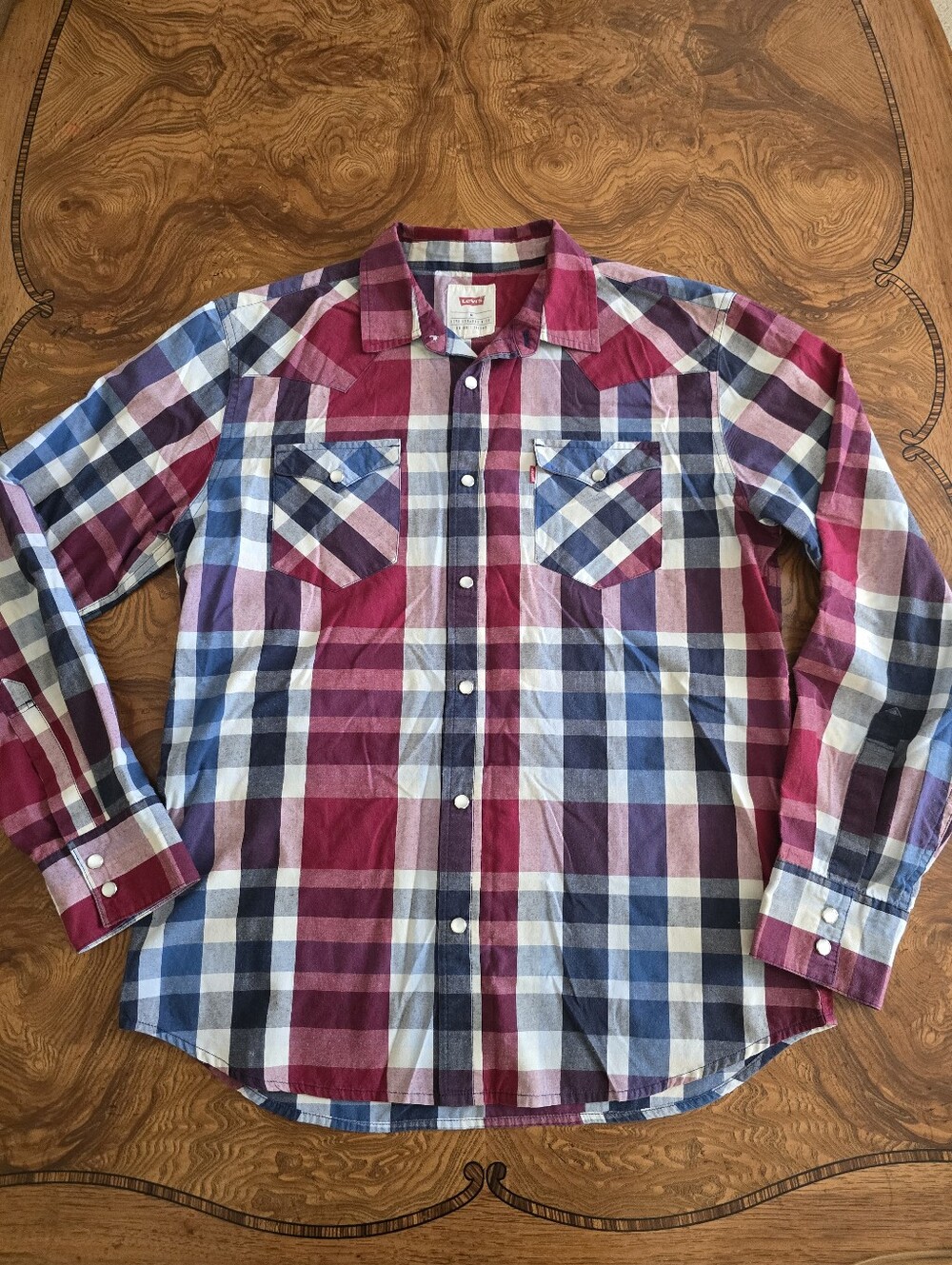 Levi's Plaid Western Pearl Snap Button Up Shirt Mens Medium Red Blue